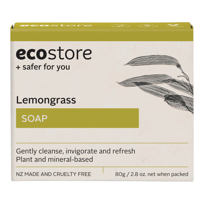 A rectangular box of ecostore Lemongrass Soap on a plain white background. The packaging is off-white with a yellow-green band at the top and bottom, black text, and a botanical leaf illustration on the right side.