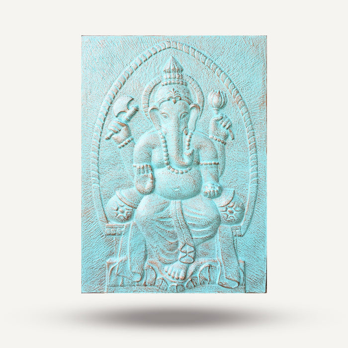 Large Ganpati Iron Frame Turquoise Relief - 0.7x1m