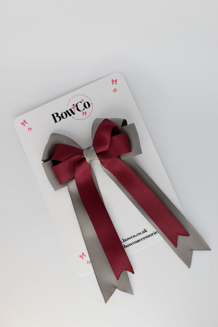 School Bow Burgundy and Metal Grey - Double Bow Tail