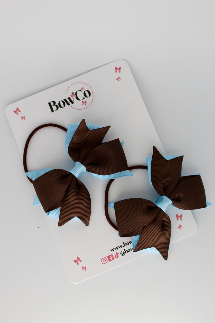 School Bows Blue Topaz and Brown - Layer Tail Bow Set - Elastic