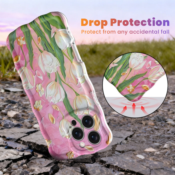 Pink wavy iPhone case featuring painterly white and pink tulips with green stems and iridescent finish.