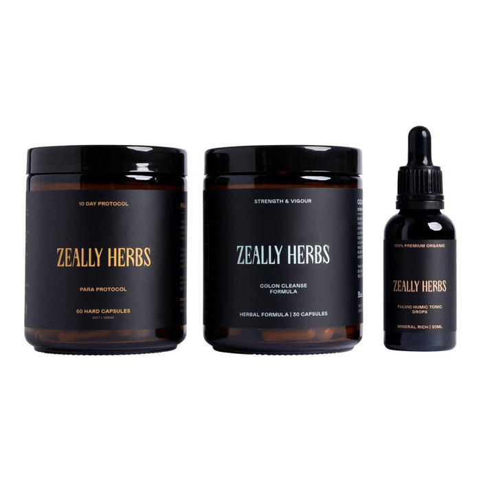 Zeally Herbs product set including jars and a dropper bottle on a white background