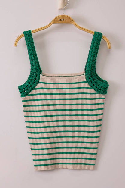 12W3638N-Crochet Sleeve Striped Knit Tank Top: KELLY GREEN