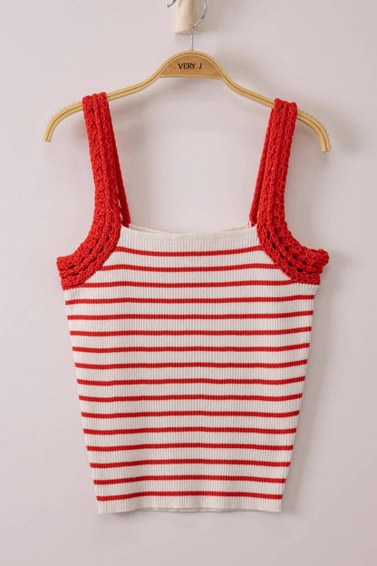 12W3638N-Crochet Sleeve Striped Knit Tank Top: KELLY GREEN