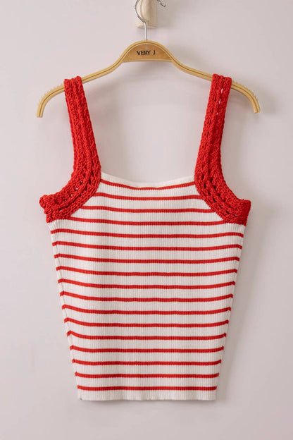 12W3638N-Crochet Sleeve Striped Knit Tank Top: KELLY GREEN