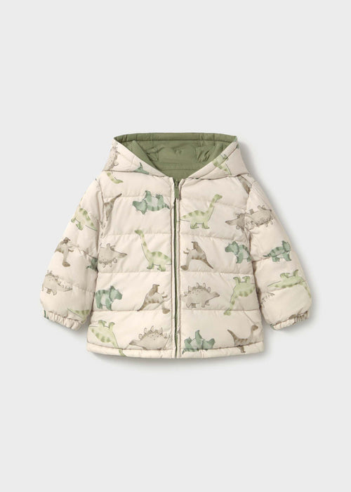 Mayoral baby boy reversible puffer jacket with Ivory dinosaur print side, hood, zipper, and warm padded design.