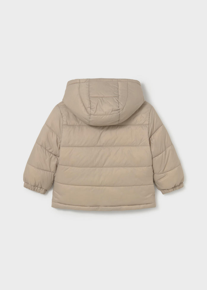 Back view of Mayoral baby boy solid Taupe reversible puffer jacket with hood and padded finish.