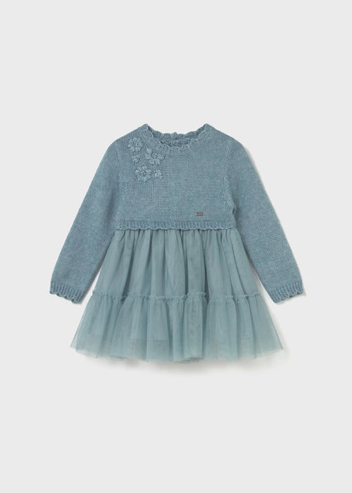 Mayoral baby girl Blue-Green knit and tulle dress with long sleeves, applique details, and soft skirt.