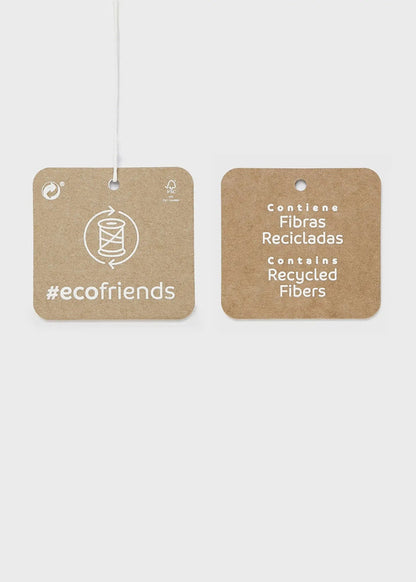 Mayoral product tag detail for baby girl knit and tulle dress with recycled polyester information.
