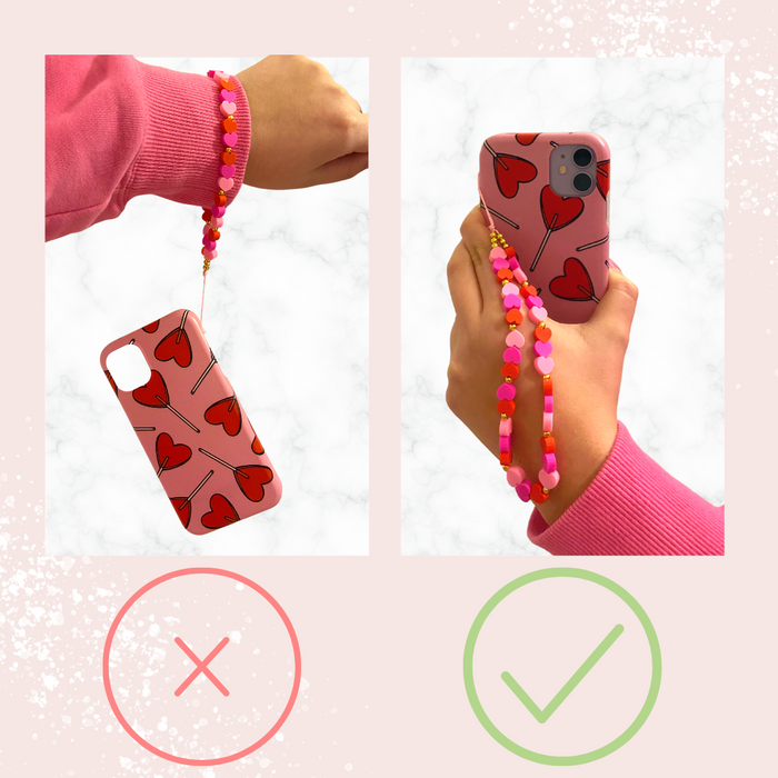 Hands demonstrate proper and improper ways to attach a beaded, crystal evil eye phone strap to a phone case.