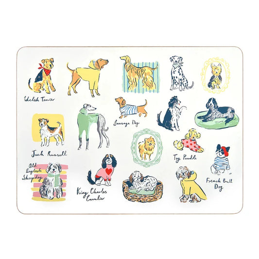 Illustrations of various dog breeds on a white background