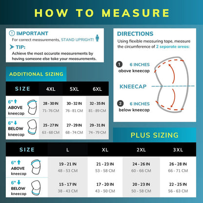 Sizing chart for knee brace for large thighs. Available in sizes L-6XL.