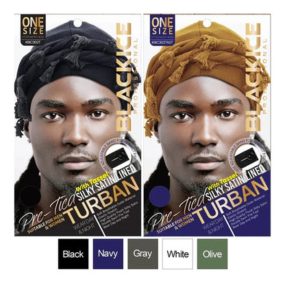 BLACKICE Pre-Tied Color: Black Silky Satin Lined Turban with Tassel