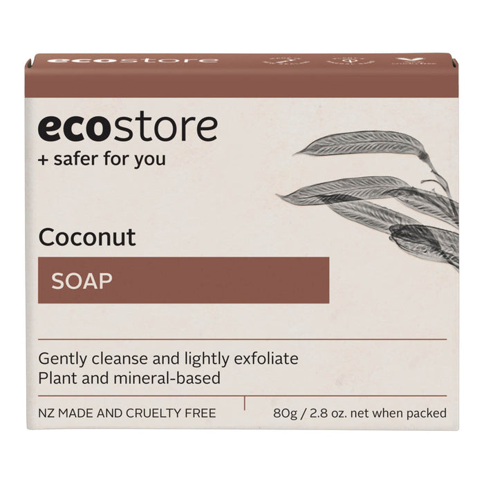 A rectangular box of ecostore Coconut Soap, featuring a cream-colored background with brown accents, black text, and a botanical leaf illustration.