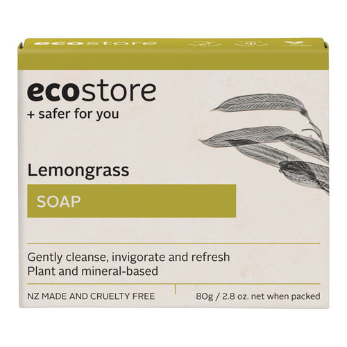 A rectangular box of ecostore Lemongrass Soap on a plain white background. The packaging is off-white with a yellow-green band at the top and bottom, black text, and a botanical leaf illustration on the right side.
