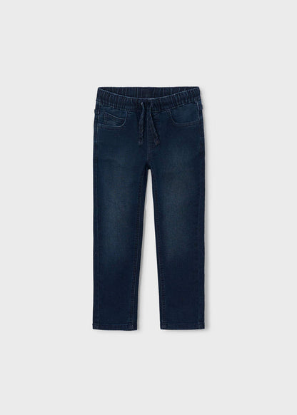 Mayoral boys pull-on jeans in Dark Blue cotton-rich stretch denim for school and everyday outfits.