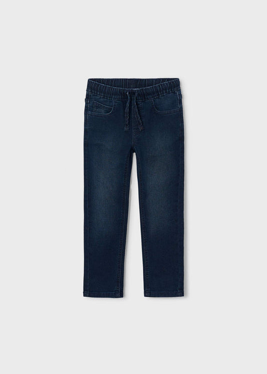 Mayoral boys pull-on jeans in Dark Blue cotton-rich stretch denim for school and everyday outfits.