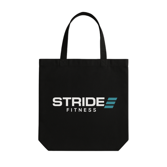 Black STRIDE Fitness canvas tote bag designed for carrying gym gear, daily essentials, and everyday use