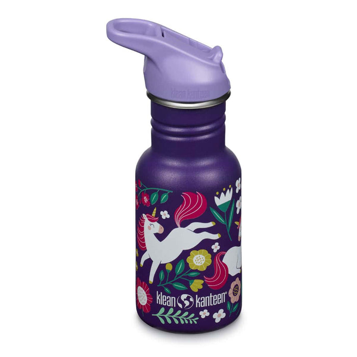 Front of Klean kanteen Classic Kids Water Bottle 355ml with light purple cap & purple bottle illustrated with leaping unicorns.