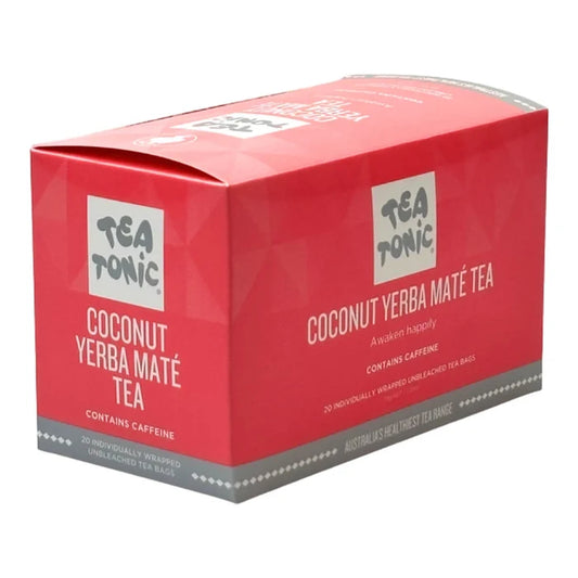Tea Tonic Coconut Yerba Mate Tea in a red box - 20 individually wrapped tea bags. Contains caffeine.
