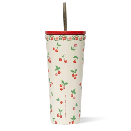 Tumbler with cherry pattern on a white background