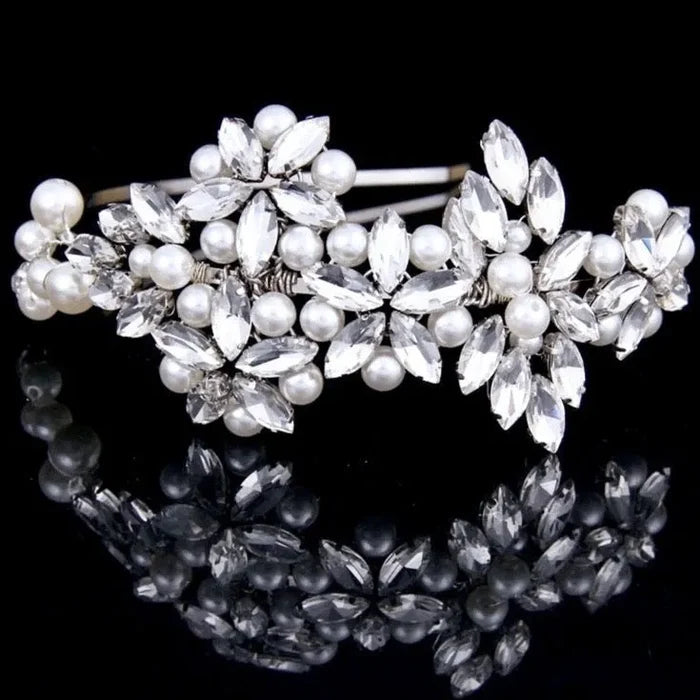 Wedding Hair Accessories - Silver Pearl and Crystal Bridal Side-Headband