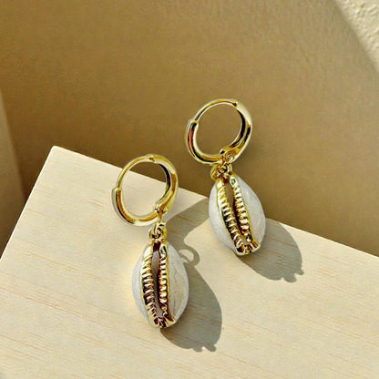 Cowrie Shell Beachy Huggie Hoops Gold Filled Earrings