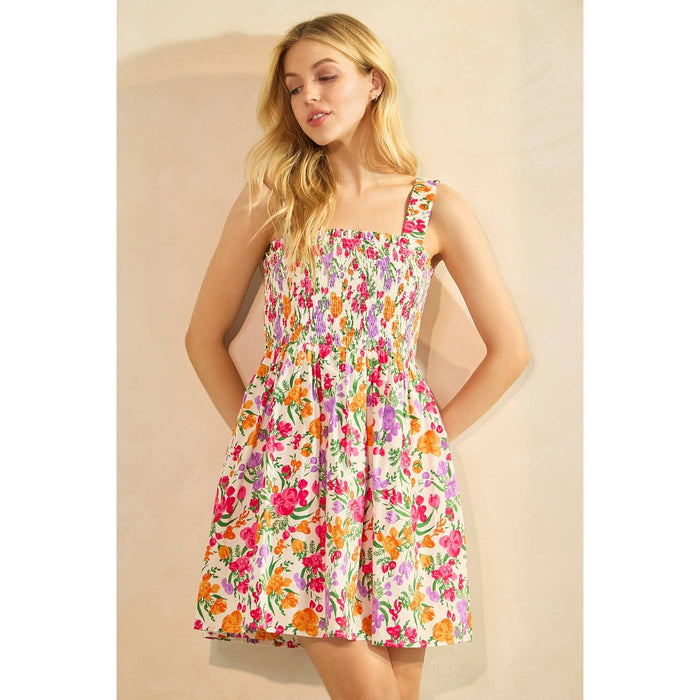 FLOWER PRINT SMOCKED SLEEVELESS MINI DRESS: IVORY MULTI