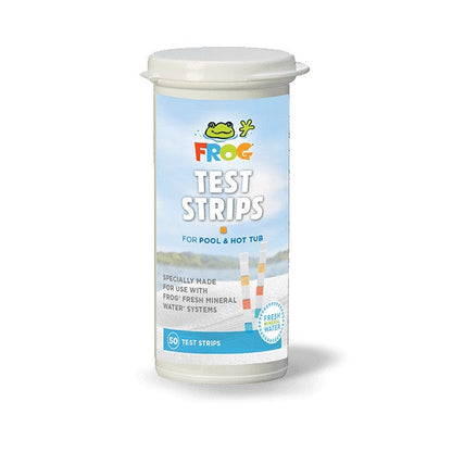Bottle of Frog test strips for pool and hot tub on a white background