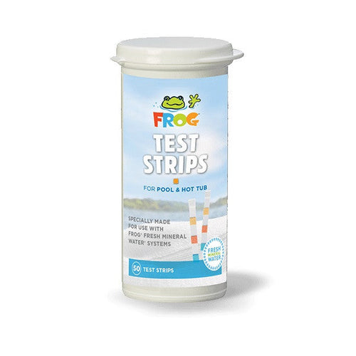 Bottle of Frog test strips for pool and hot tub on a white background