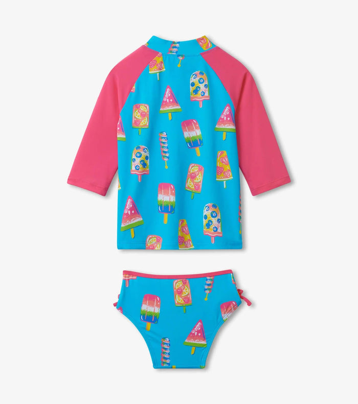 Back view of Hatley girls Fruity Pops rashguard set with pink sleeves and matching bottoms