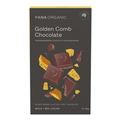 Pana Organic Golden Comb Chocolate 120g block. Illustrated honeycomb & chocolate on dark grey and yellow packaging.