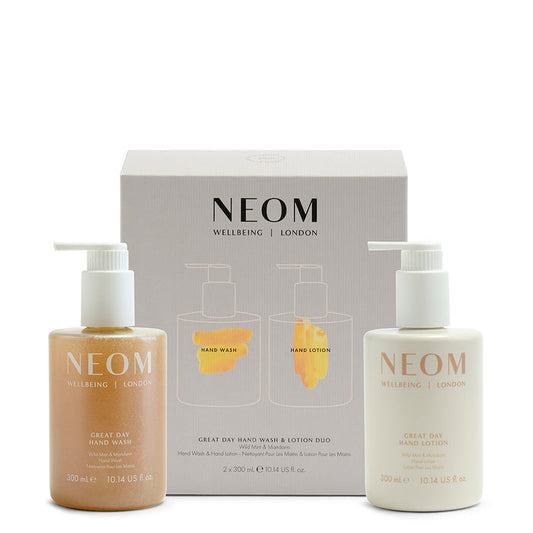 NEOM Wellbeing Great Day Hand Wash & Lotion Duo on a white background