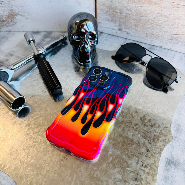 Hot Rod Flame MagSafe iPhone case with colorful fire flames on black background by Fancy Bands