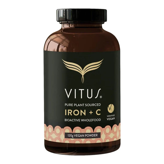 VITUS Iron + C powder 120g in a brown glass supplement bottle on a white background.