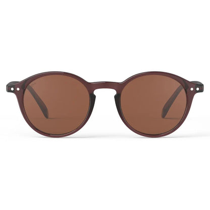Round sunglasses with brown lenses and dark brown frame on a white background