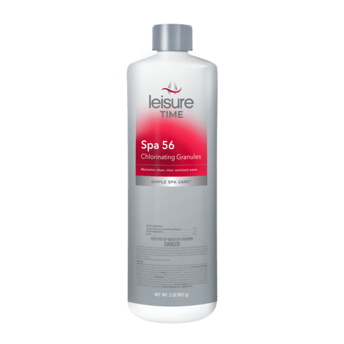Leisure Time Spa 56 Chlorinating Granules bottle on a white background
