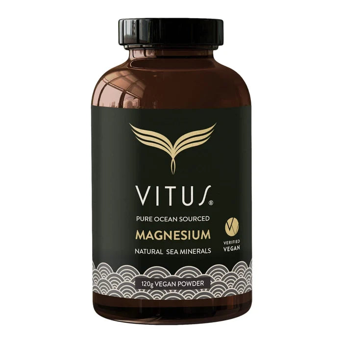 120g Magnesium Powder in a brown glass supplement bottle.