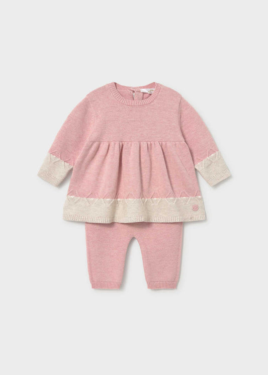 Mayoral newborn baby girl dress with leggings set in soft Pink and Cream 100% cotton.