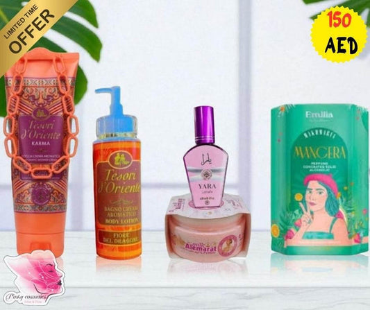 Oriental Beauty & Fragrance Bundle – 5-Piece Self-Care Set - Luxury Body Care & Perfume Set - Tesori d’Oriente, Lattafa, Emilia, Alemmarat -- United Arab Emirates -- Pinky Cosmetics