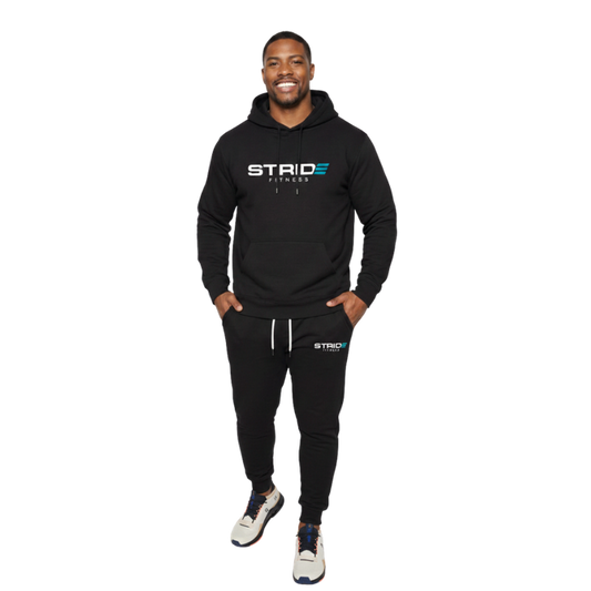 Men’s black performance sweatshirt from STRIDE Fitness designed for training, comfort, and everyday wear