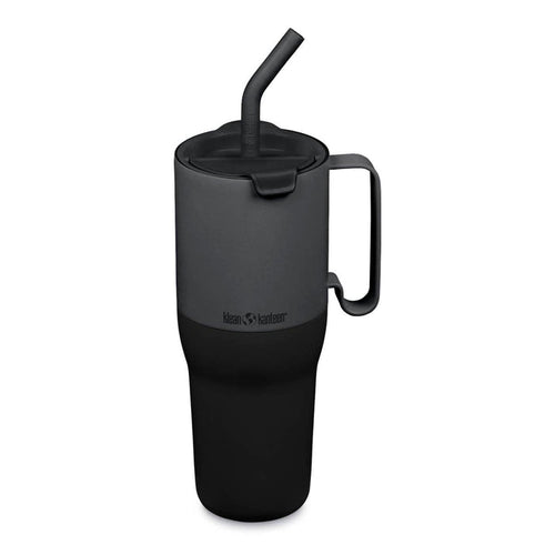 Klean Kanteen Rise Tumbler with Straw Lid 1064ml - Asphalt, grey & black colour. Narrow bottom suitable for most cup holders & carry handle.