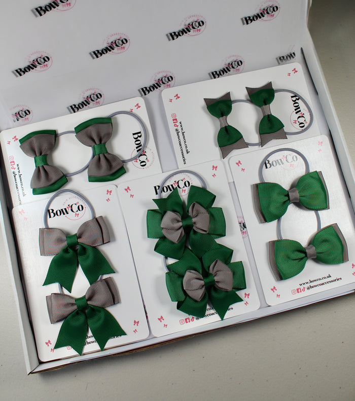 School Bow Bundle Saver - 10 Pack - Forest Green and Grey - Elastic