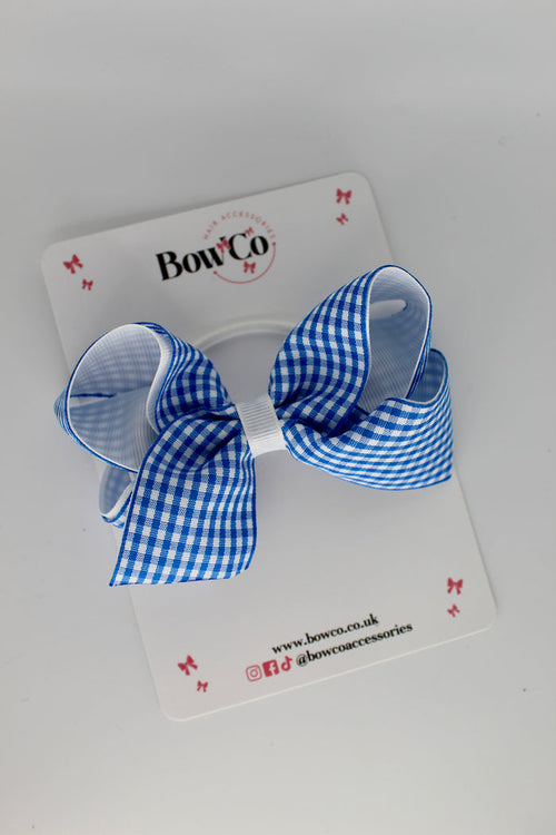 School Bow Royal Blue Gingham Loop Bow - Elastic
