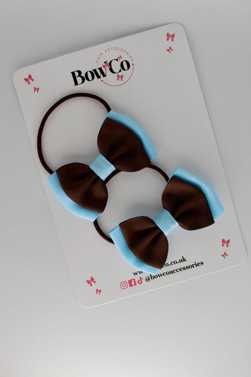 School Bows Blue Topaz and Brown - Double Ribbon Bow Set - Elastic