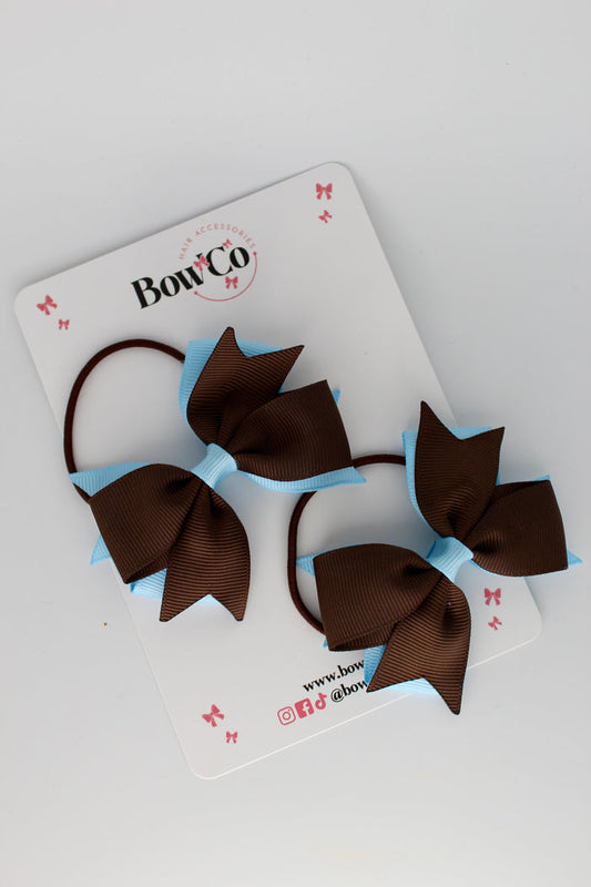 School Bows Blue Topaz and Brown - Layer Tail Bow Set - Elastic