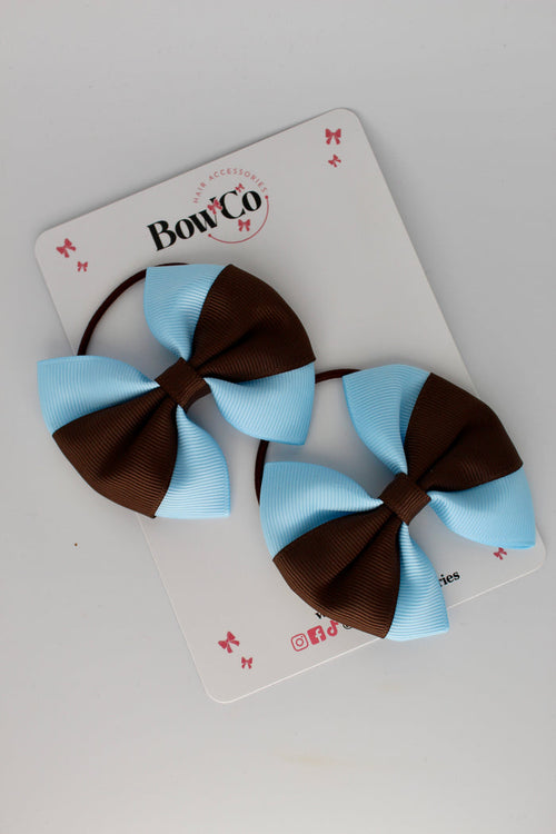 School Bows Blue Topaz and Brown - Round Tuxedo Bow Set - Elastic