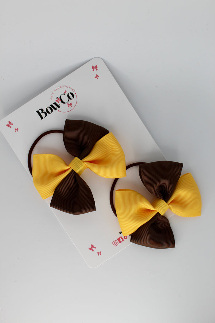 School Bows Brown and Yellow Gold - Twist Bow Set - Elastic