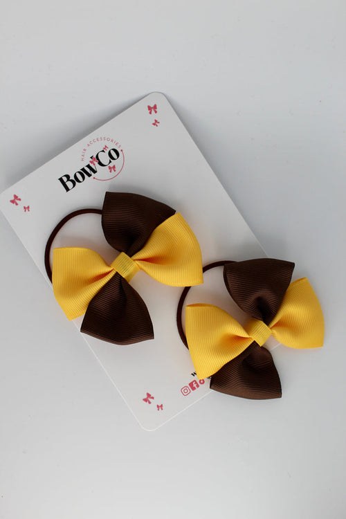 School Bows Brown and Yellow Gold - Twist Bow Set - Elastic