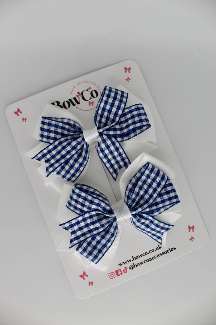 School Navy Blue Bow Gingham Double Tail Bow Set - Clip